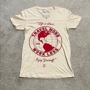 'Travel More Work Less' Graphic Tee - Cream & Red